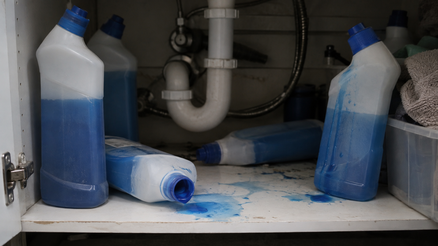 Half-used bottles of blue toilet gel cleaner piled under a bathroom sink